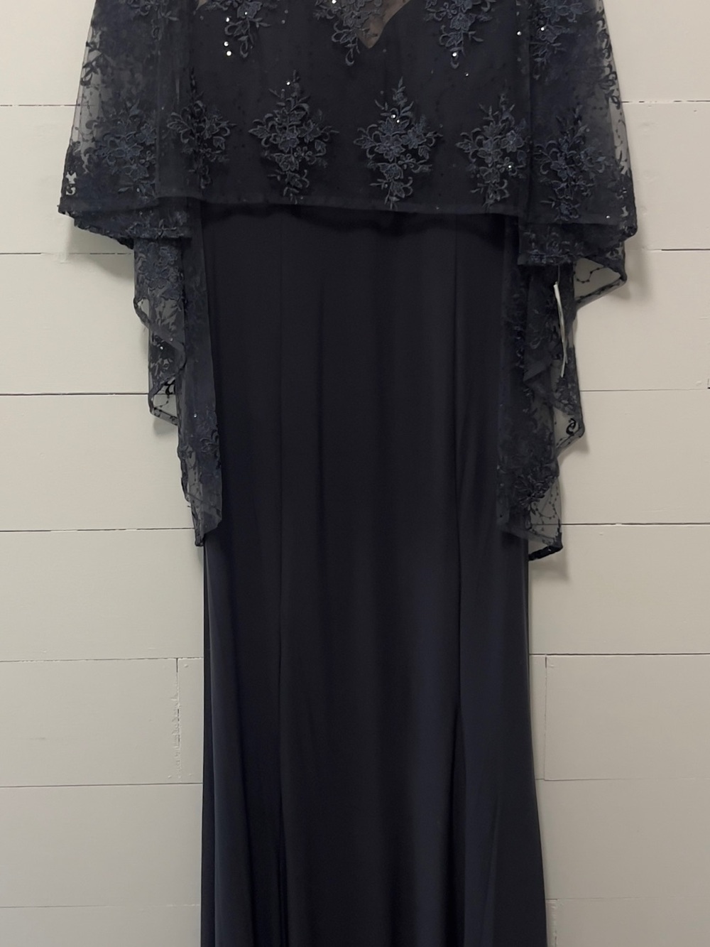 R&M Richards Charcoal/blue Lace Cape Maxi Dress